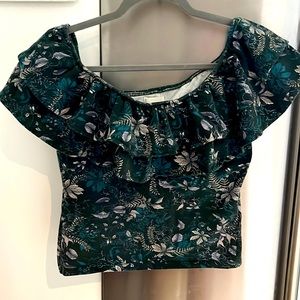 Ruffled Floral Top Off Shoulder Fitted Shirt Blouse Cute S-M Boho Vintage Garden